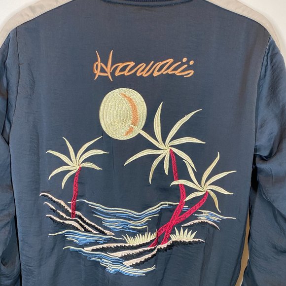 Satin Mai Tai Bomber Jacket by Capulet Hawaii Embroidered Navy & Oyster sz S - Picture 6 of 13